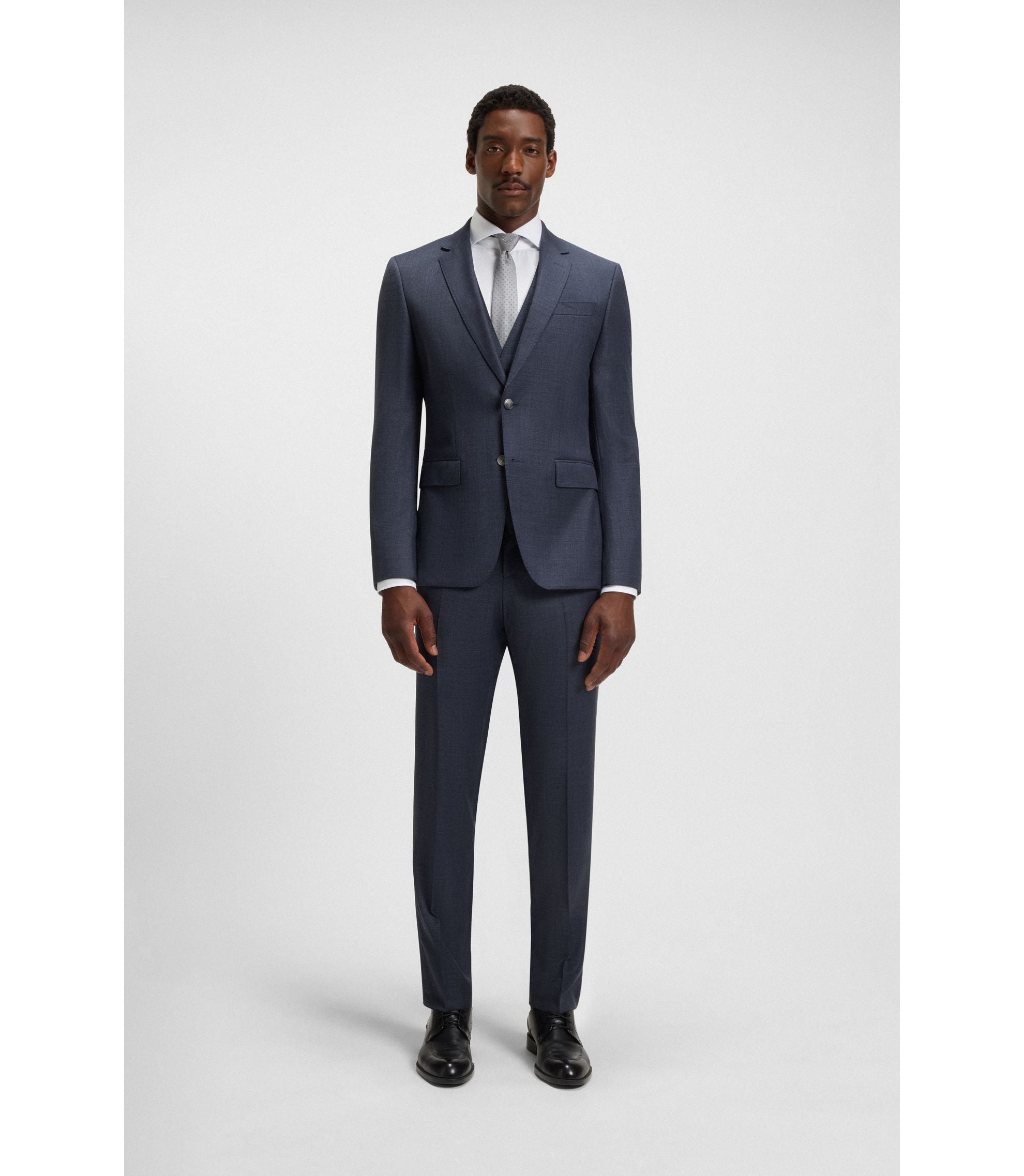 Boss Three Piece Slim Fit Suit In Patterned Stretch Wool Dark Blue