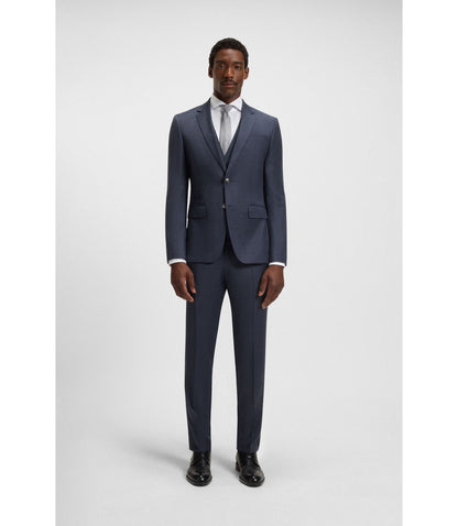 Boss Three Piece Slim Fit Suit In Patterned Stretch Wool Dark Blue