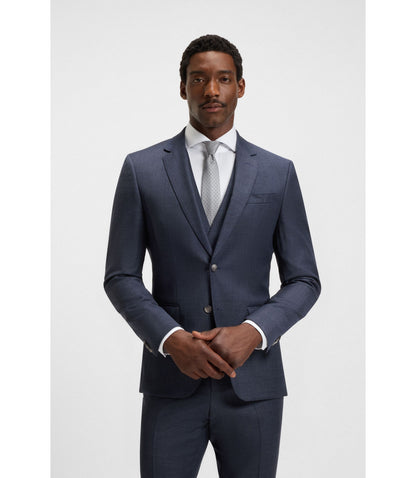 Boss Three Piece Slim Fit Suit In Patterned Stretch Wool Dark Blue