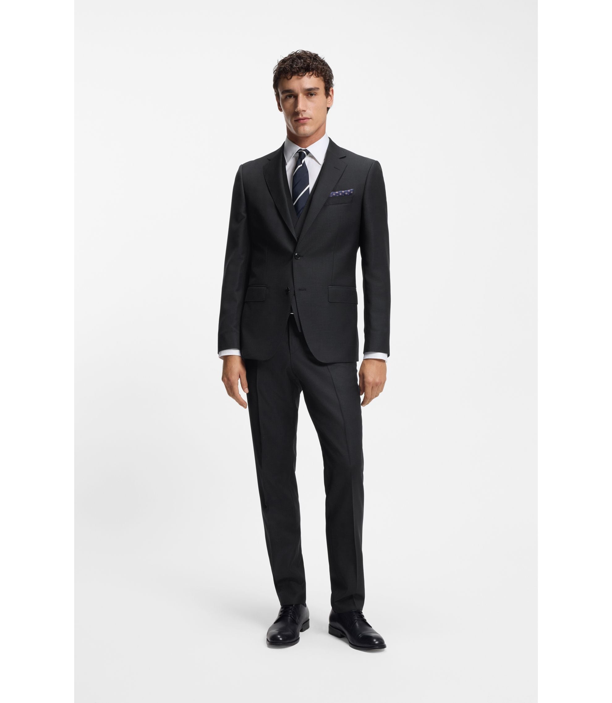 Boss Two Piece Slim Fit Suit In Patterned Virgin Wool Dark Blue