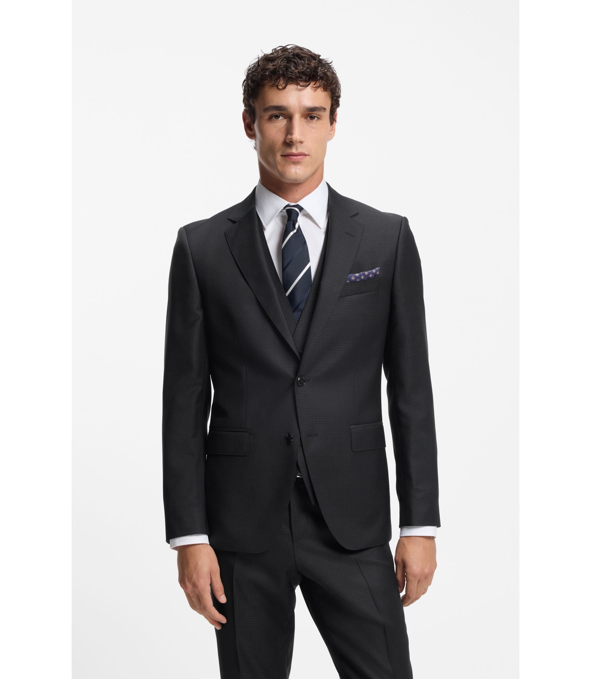 Boss Two Piece Slim Fit Suit In Patterned Virgin Wool Dark Blue