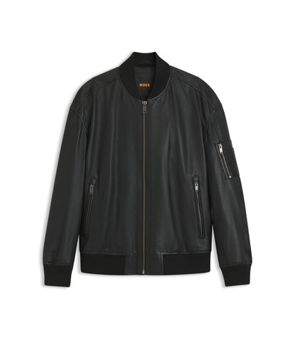 Boss Sleeve Pocket Bomber Jacket In Leather Black