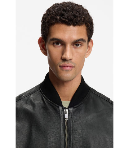 Boss Sleeve Pocket Bomber Jacket In Leather Black