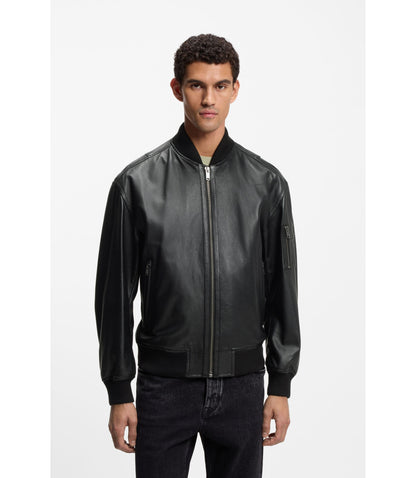 Boss Sleeve Pocket Bomber Jacket In Leather Black