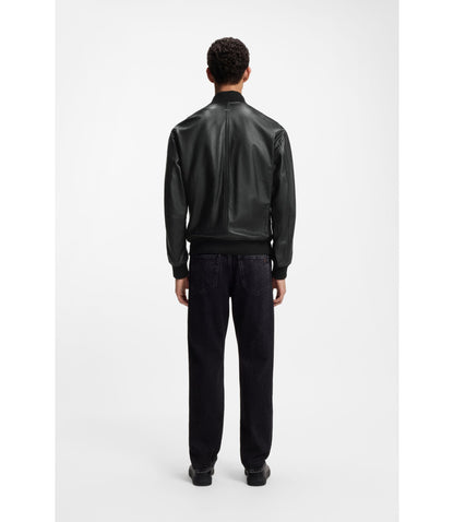 Boss Sleeve Pocket Bomber Jacket In Leather Black