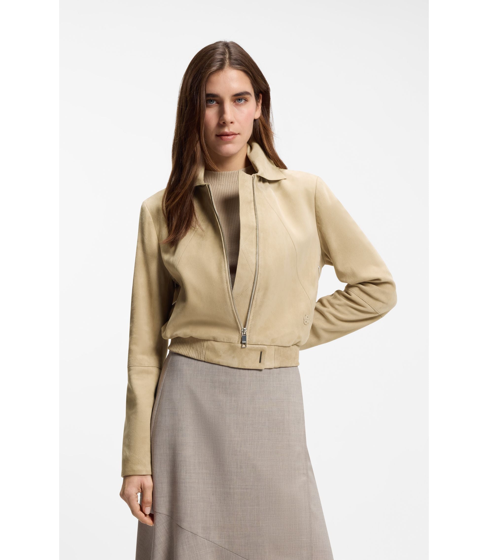 Boss Blouson Style Jacket In Soft Touch Suede Light Beige Women's