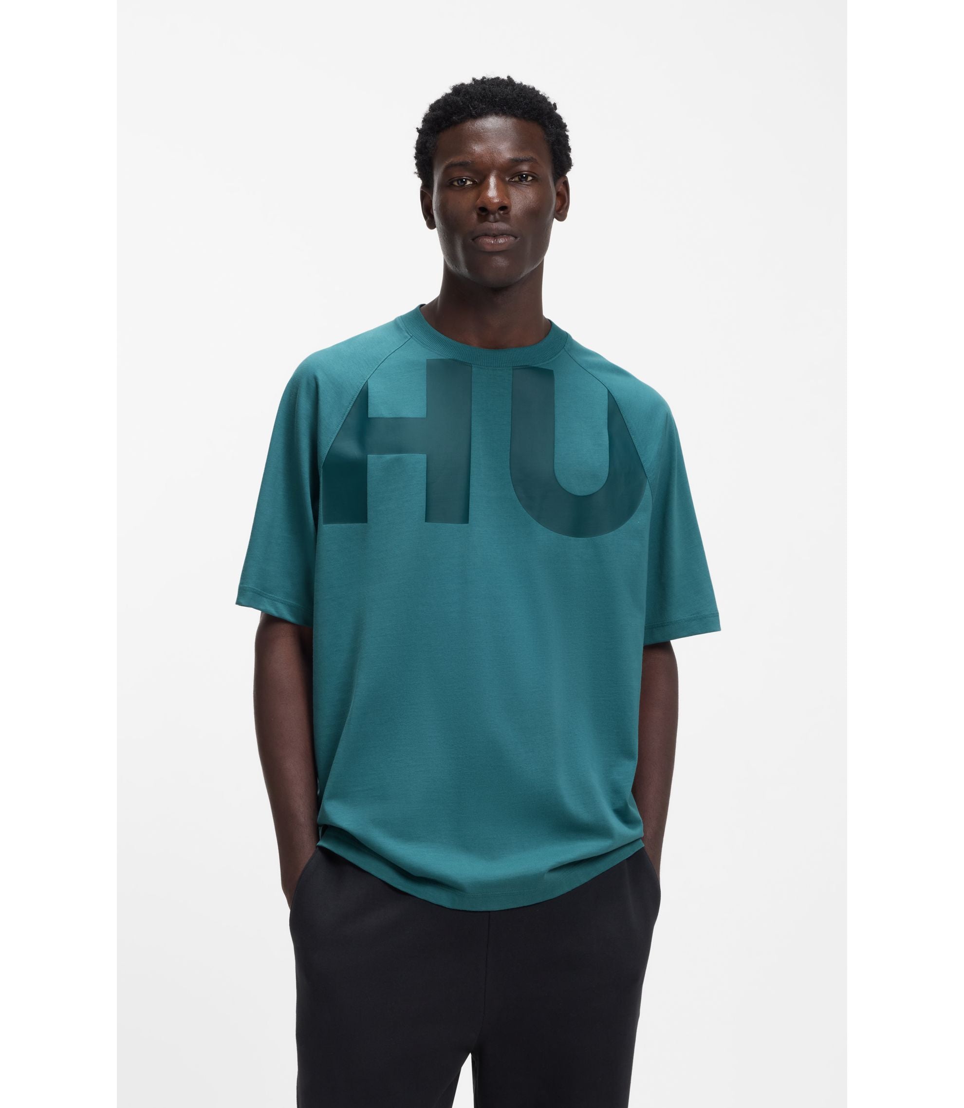 Hugo Large Logo T Shirt In Cotton Jersey Turquoise