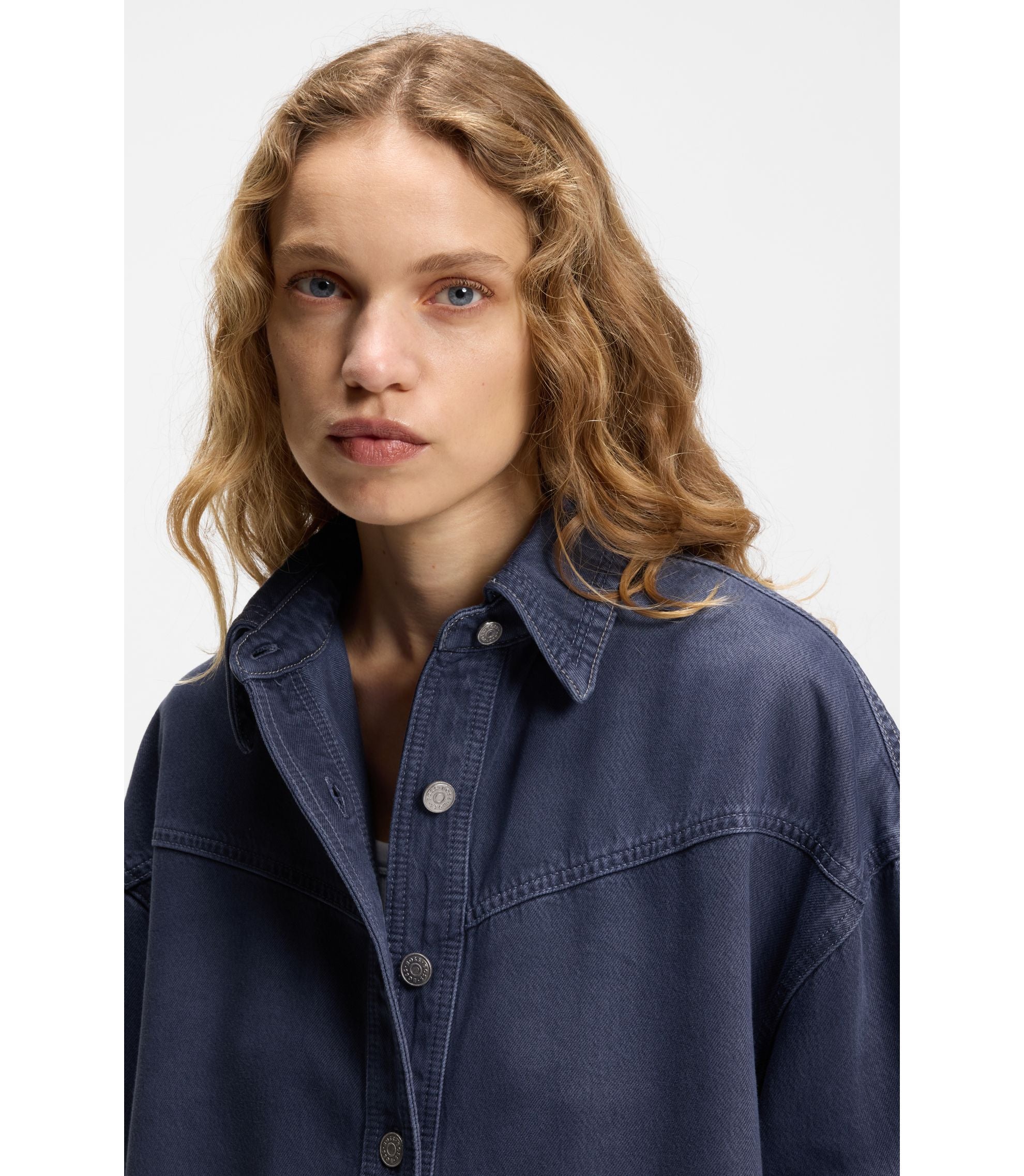 Boss Smoky Blue Oversized Fit Blouse In Rigid Denim Grey Women's