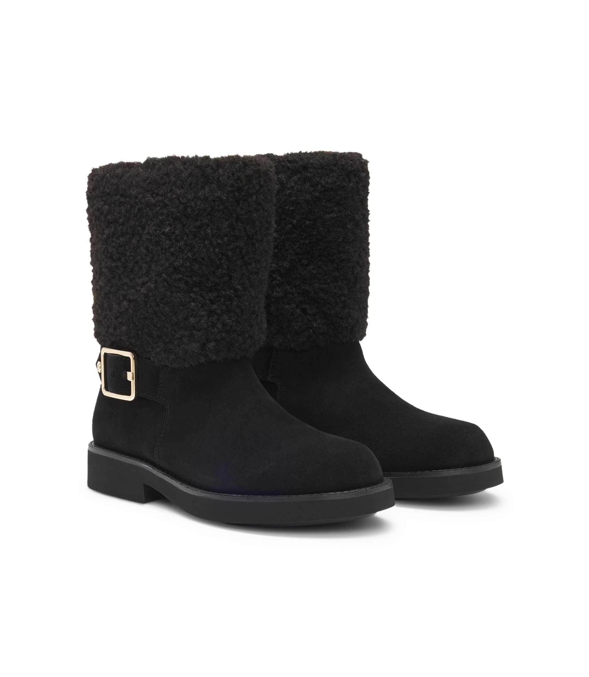 Boss Suede Biker Boots With Faux Fur Trim Black Womens Black