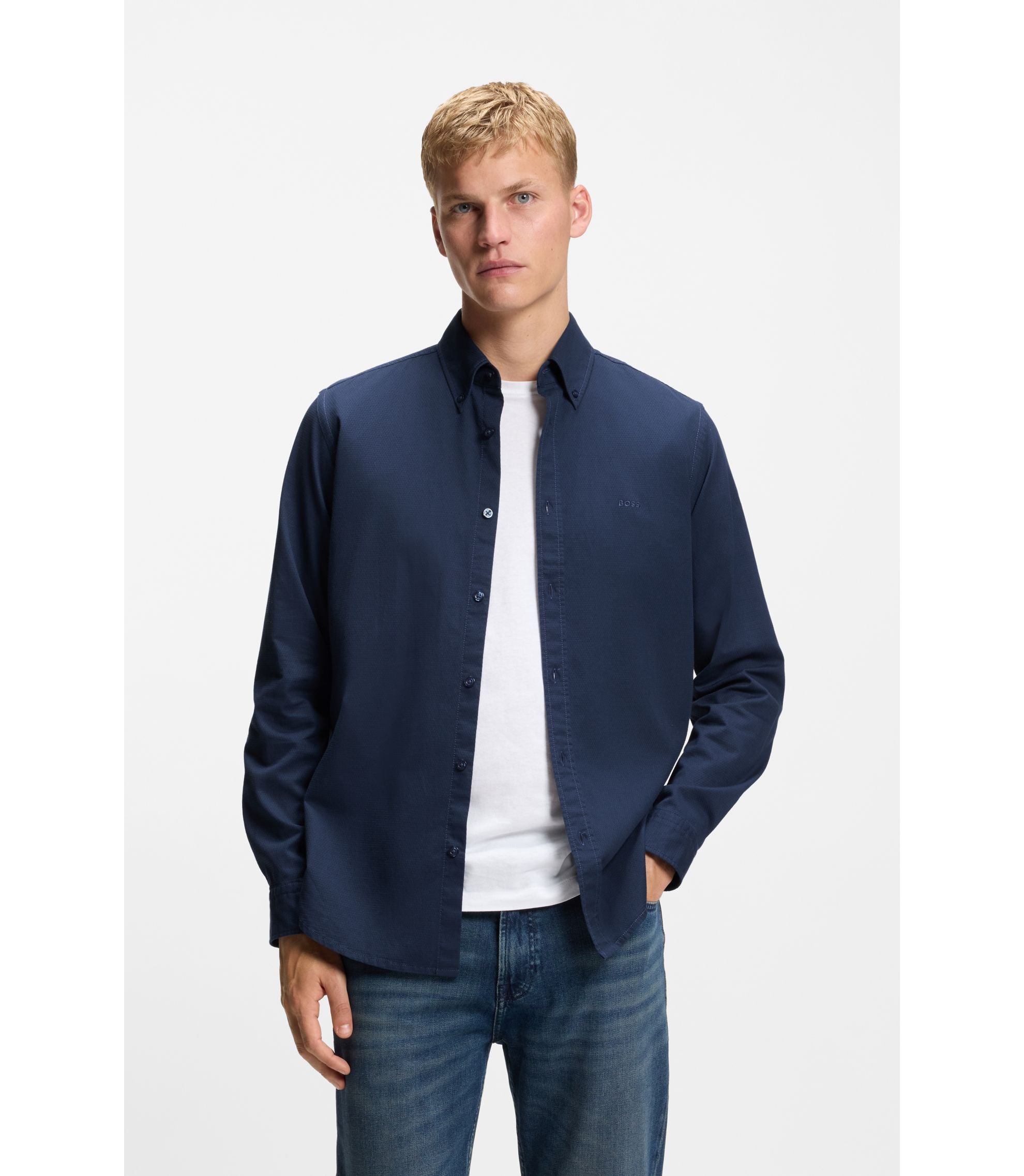 Boss Regular Fit Shirt In Stretch Cotton Dobby Light Blue