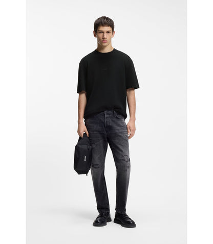 Hugo Waffle Structured T Shirt In Cotton Black