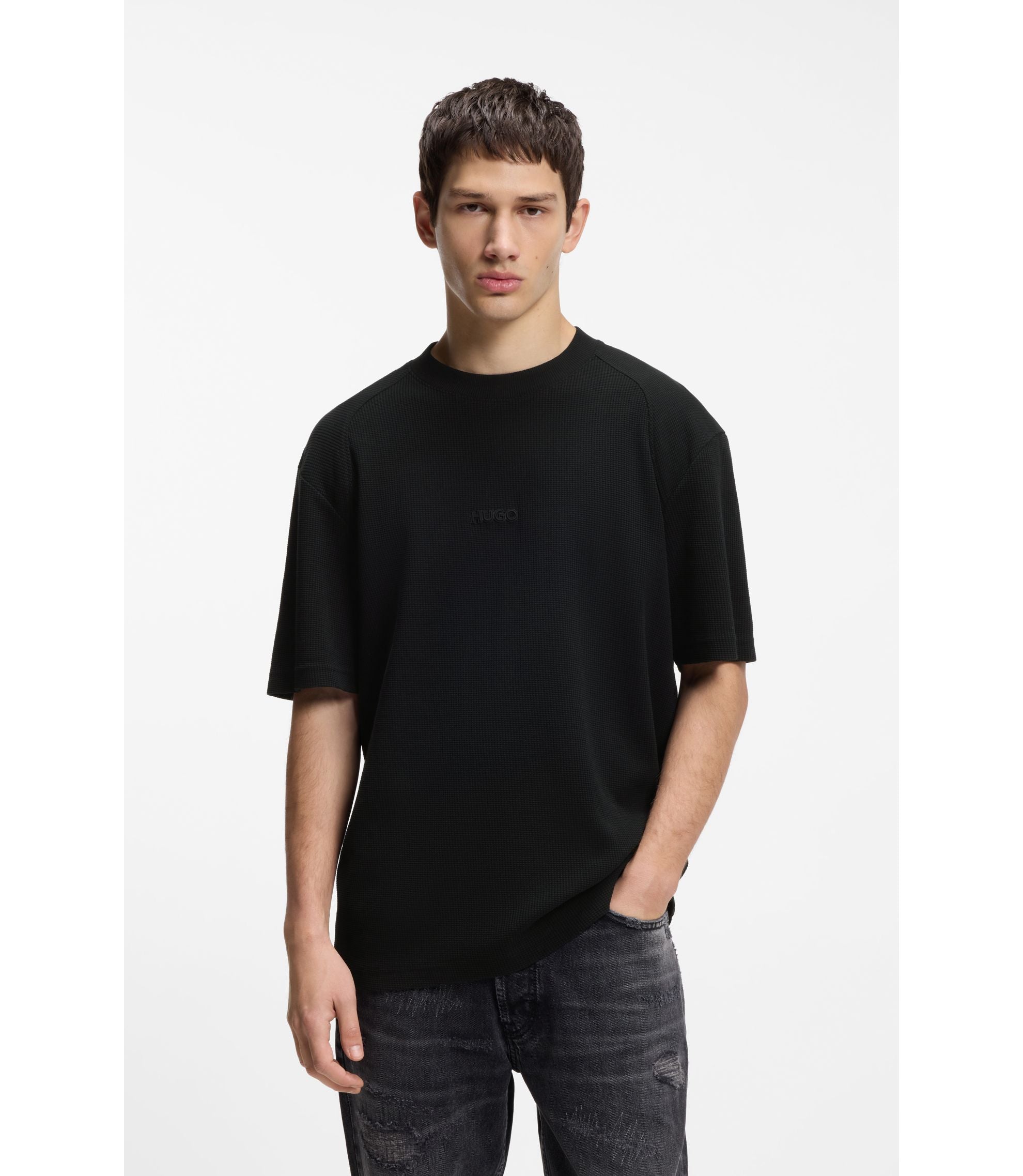 Hugo Waffle Structured T Shirt In Cotton Black