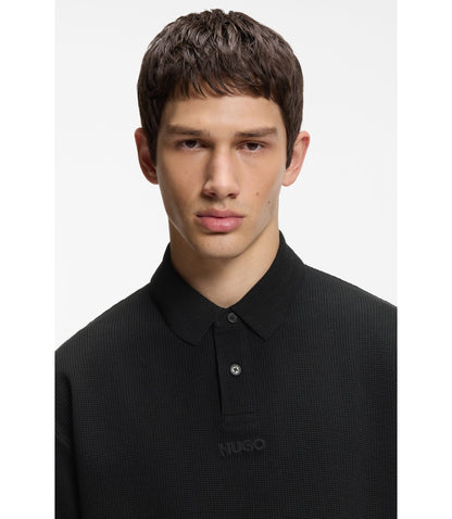Hugo Waffle Structured Polo Shirt In Cotton Black