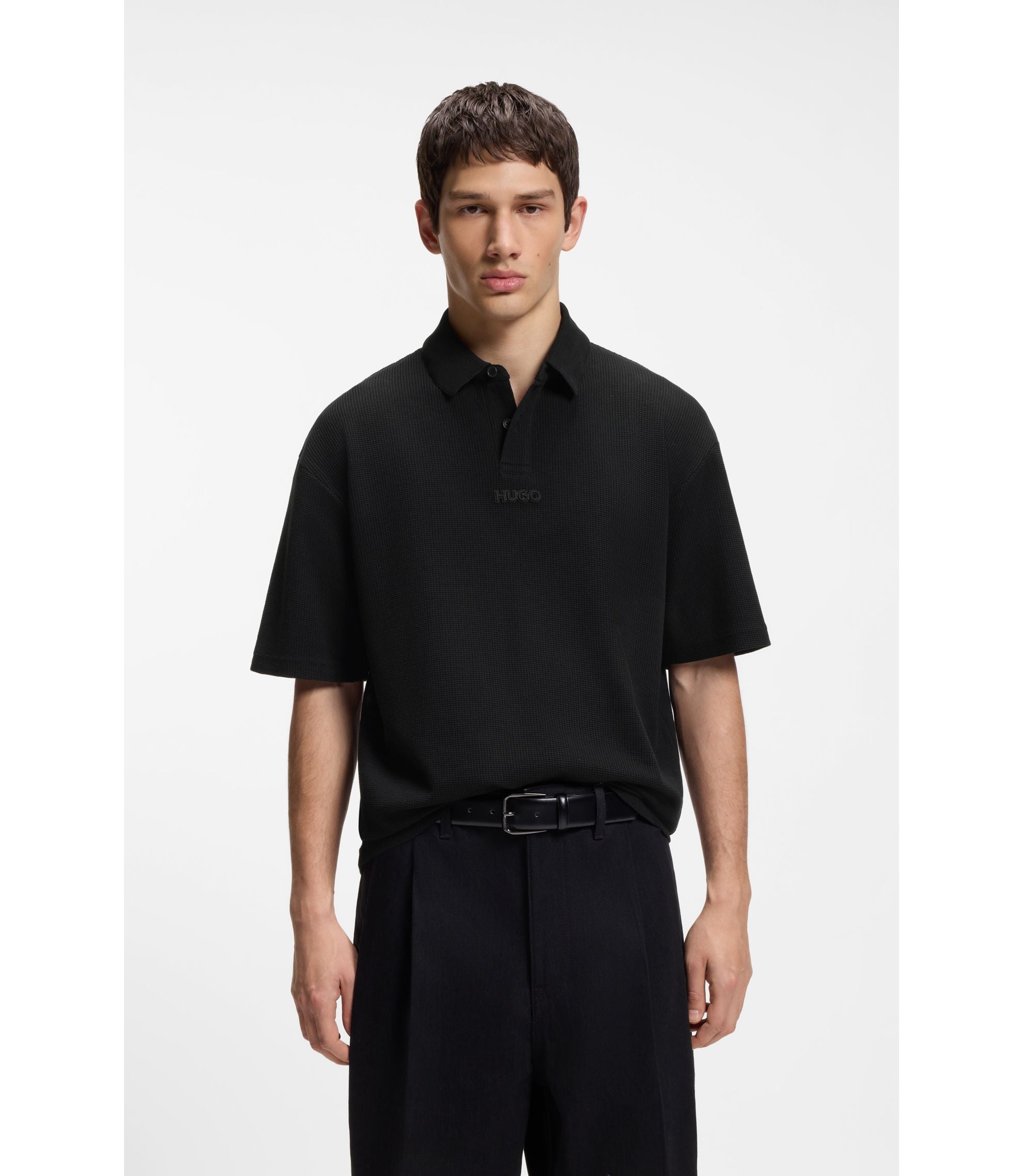 Hugo Waffle Structured Polo Shirt In Cotton Black