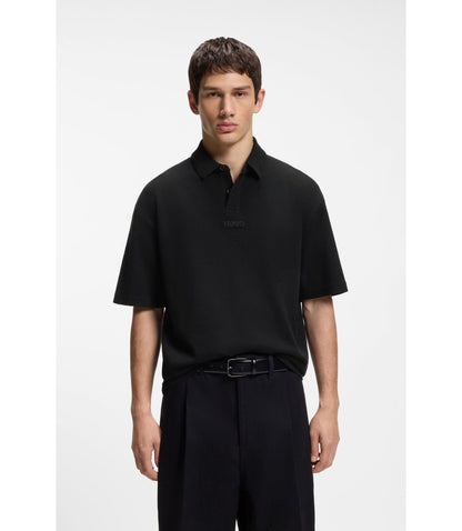 Hugo Waffle Structured Polo Shirt In Cotton Black