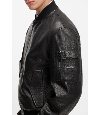 Hugo Patterned Leather Jacket In A Regular Fit Black