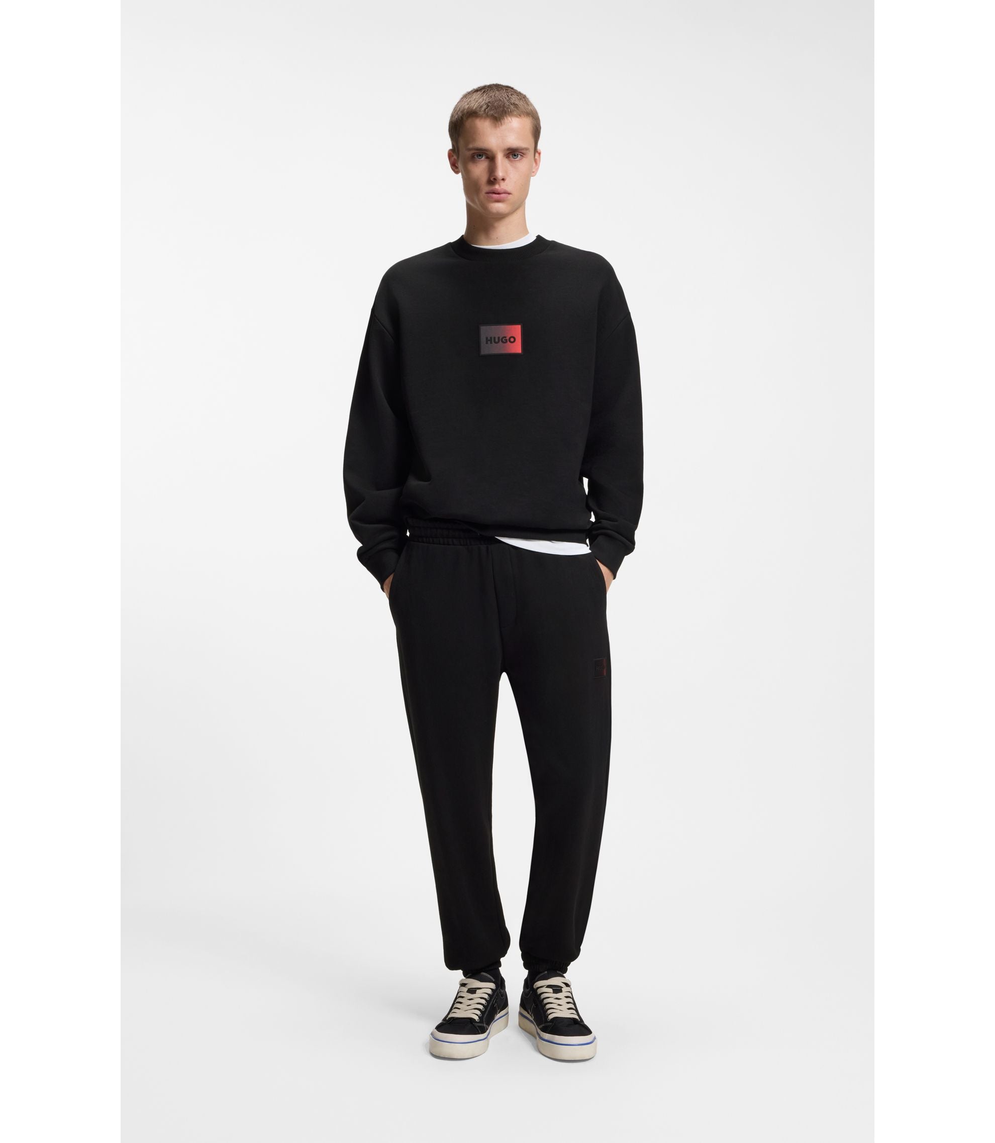Hugo Gradient Logo Tracksuit Bottoms In Cotton Terry Black