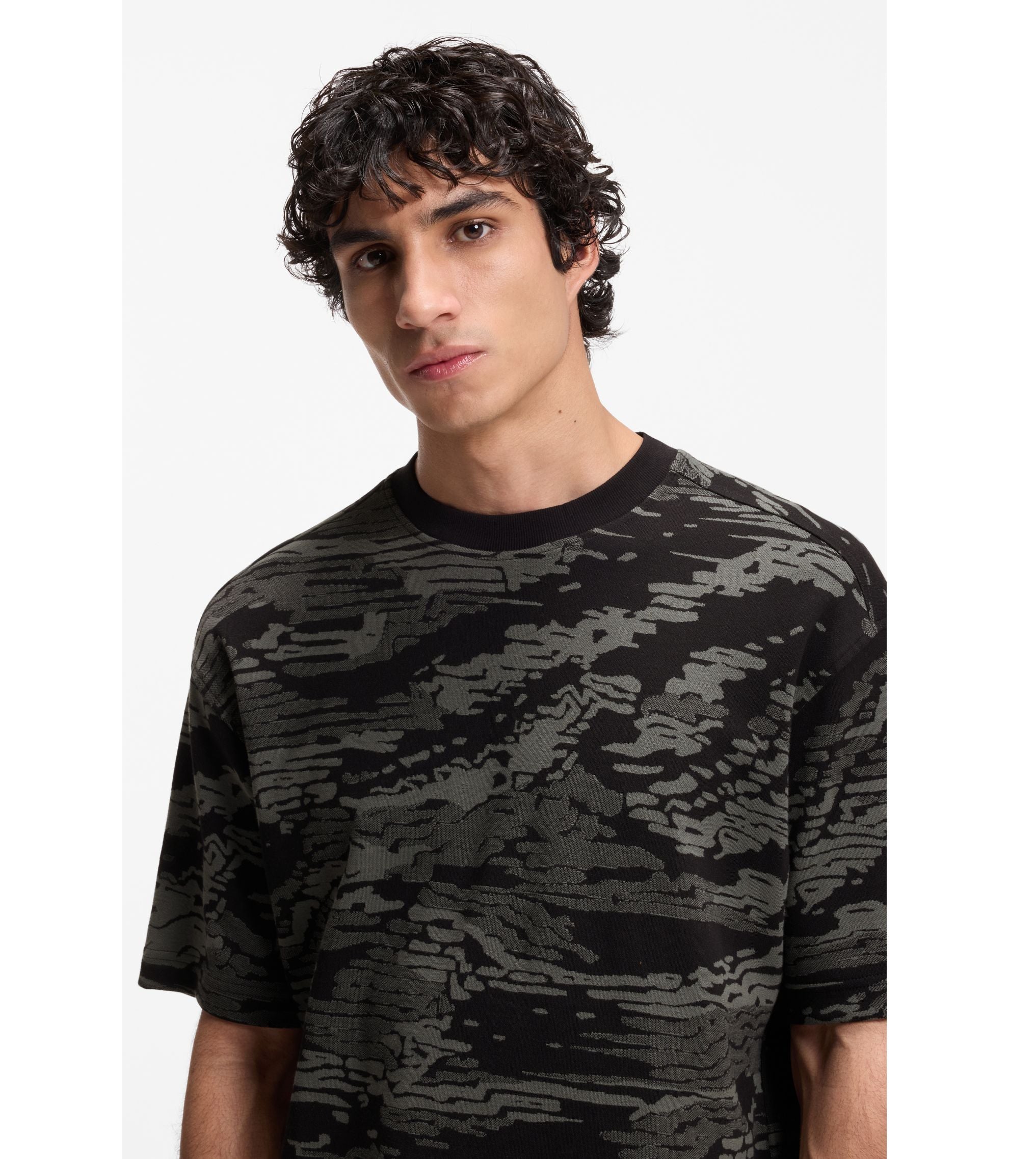 Boss Camouflage Jacquard T Shirt In Cotton Black