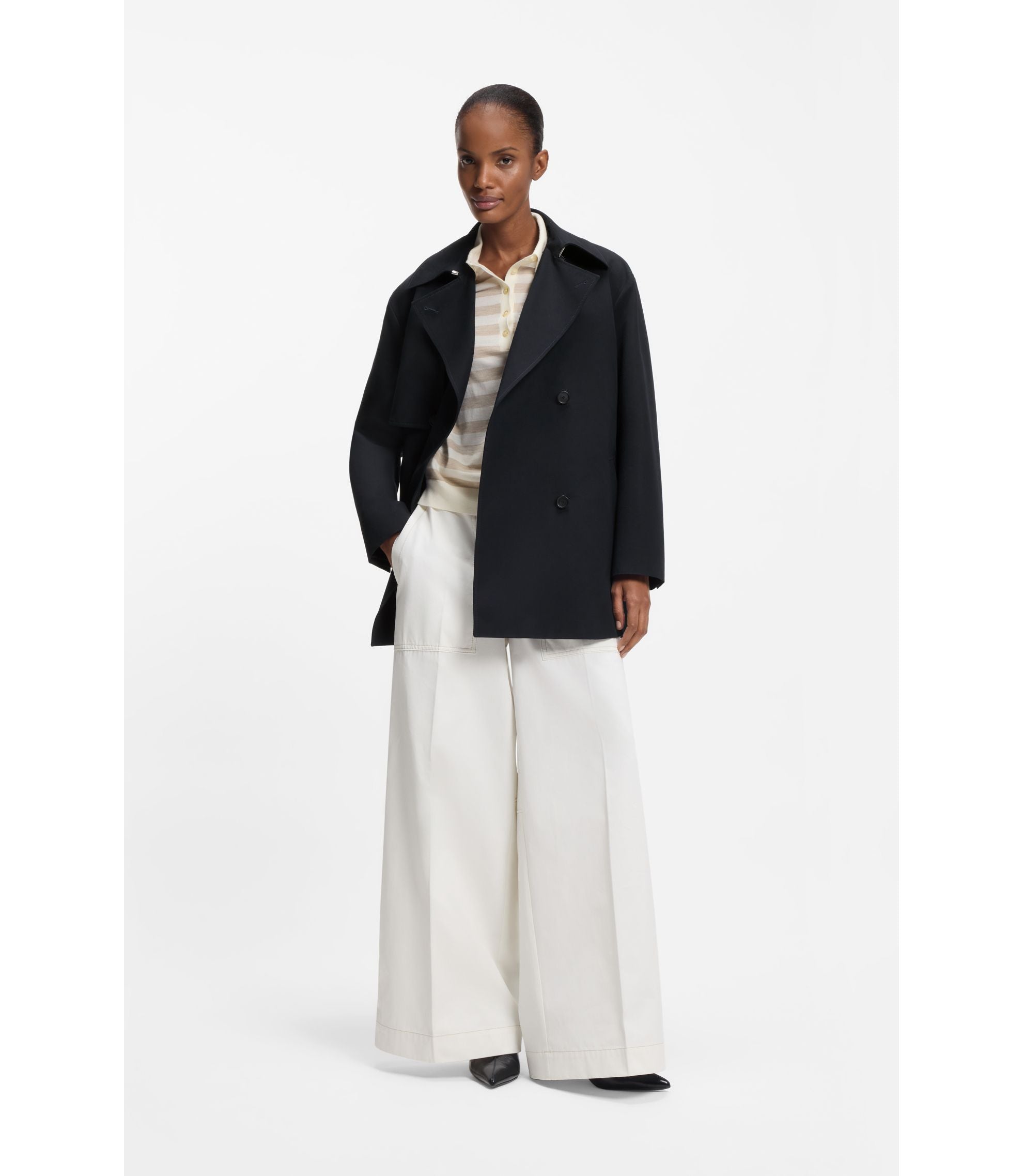 Boss Belted Trench Coat In Cotton Dark Blue Women's
