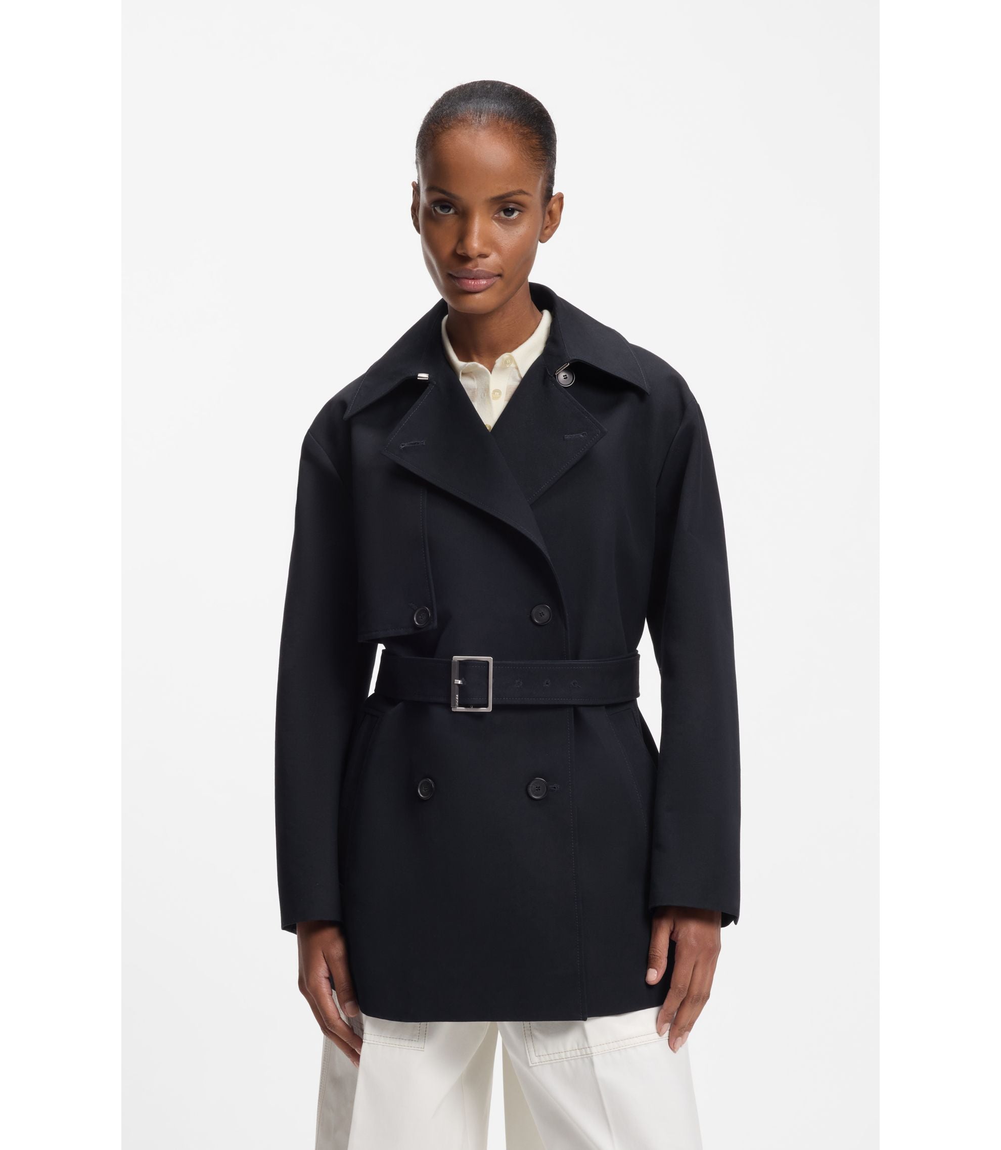 Boss Belted Trench Coat In Cotton Dark Blue Women's