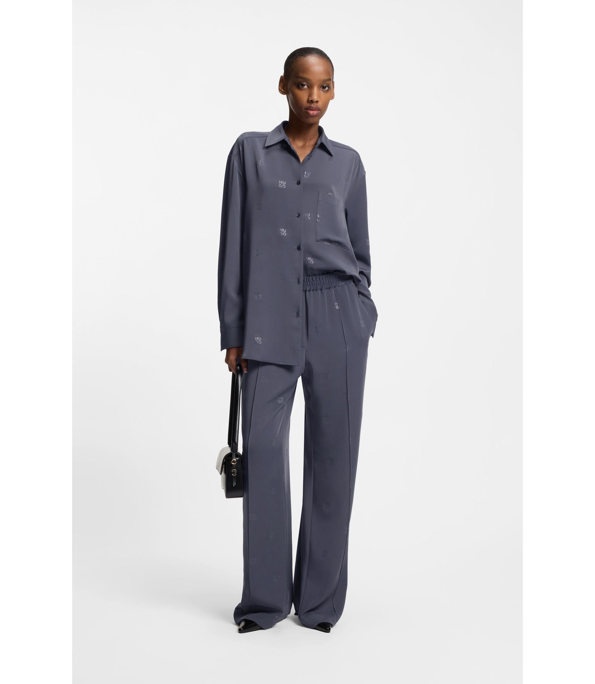 Hugo Oversized Fit Blouse With Stacked Logos Patterned Women's