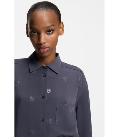 Hugo Oversized Fit Blouse With Stacked Logos Patterned Women's