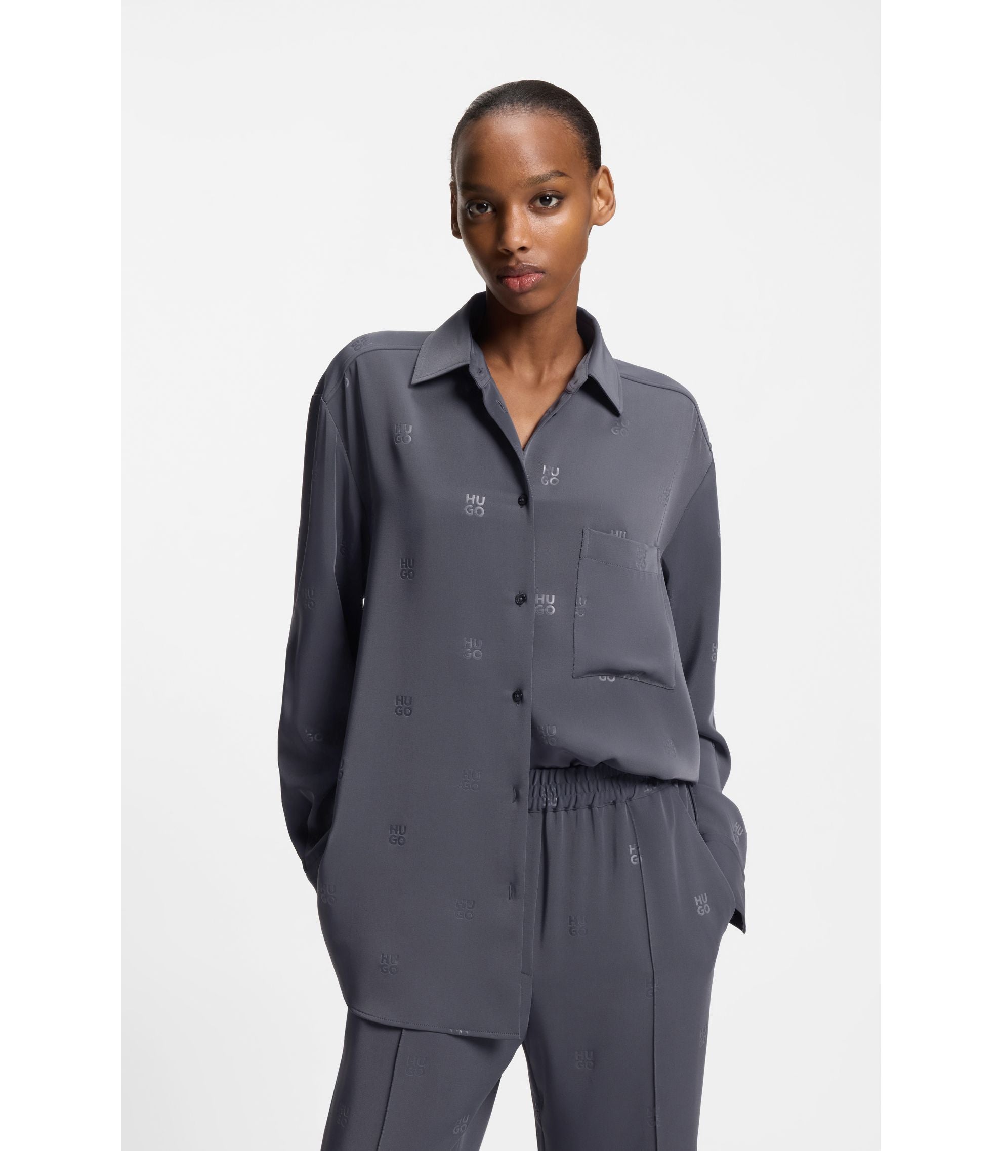 Hugo Oversized Fit Blouse With Stacked Logos Patterned Women's