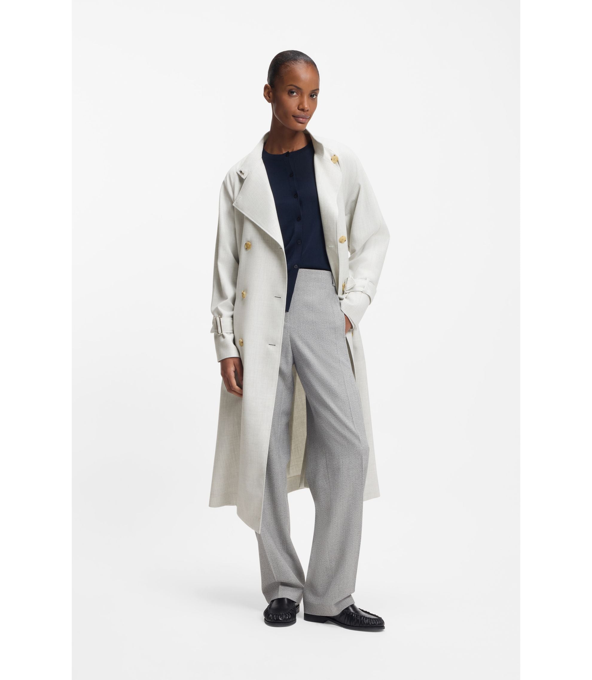 Boss Belted Coat With Double Breasted Closure Silver Women's