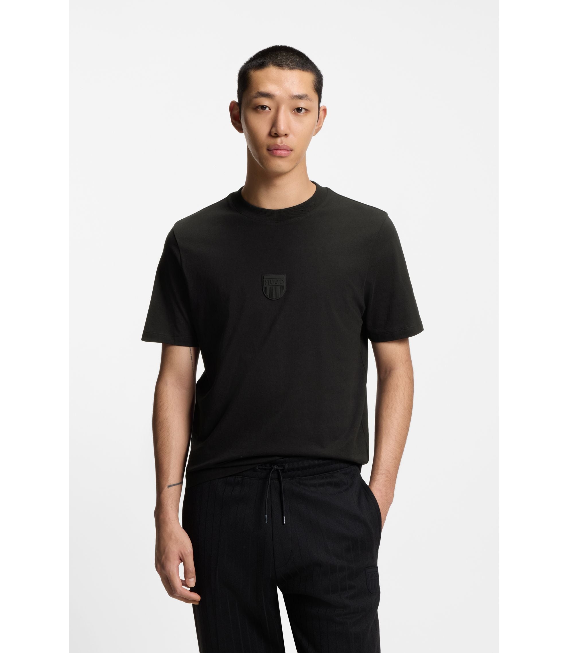 Hugo Rubber Logo T Shirt In Cotton Jersey Black