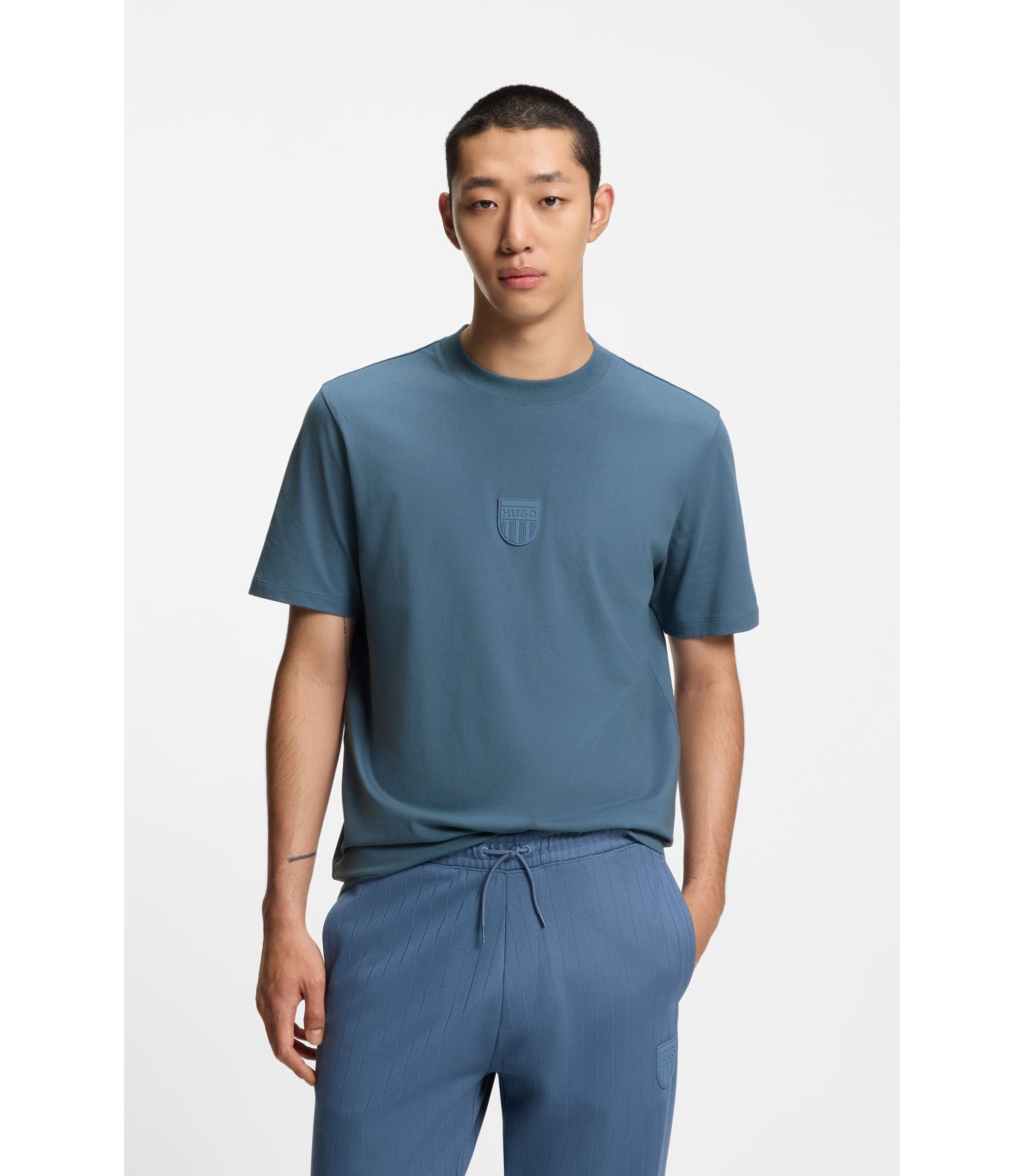 Hugo Rubber Logo T Shirt In Cotton Jersey Light Blue