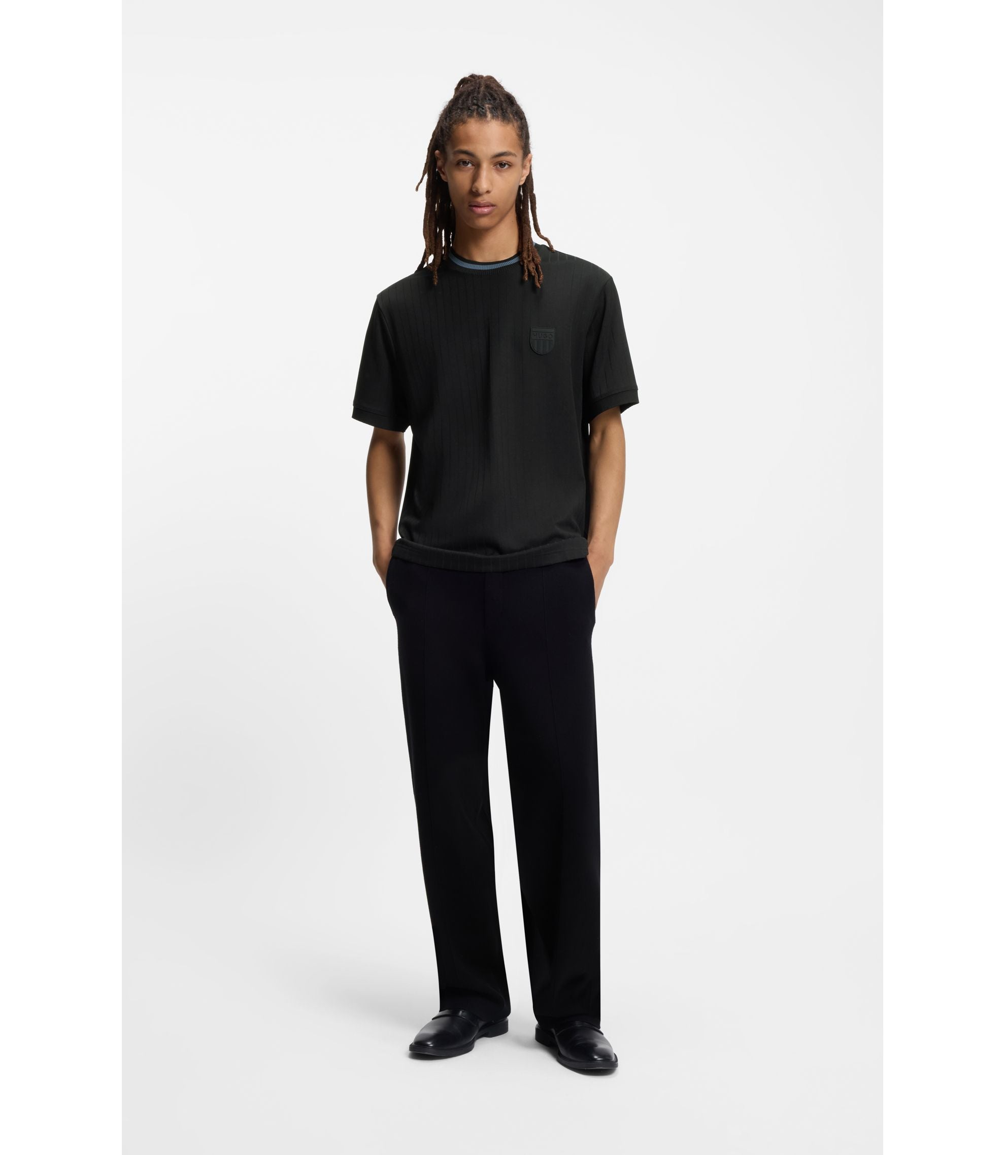 Hugo Cotton Blend T Shirt With Drop Needle Stripe Black