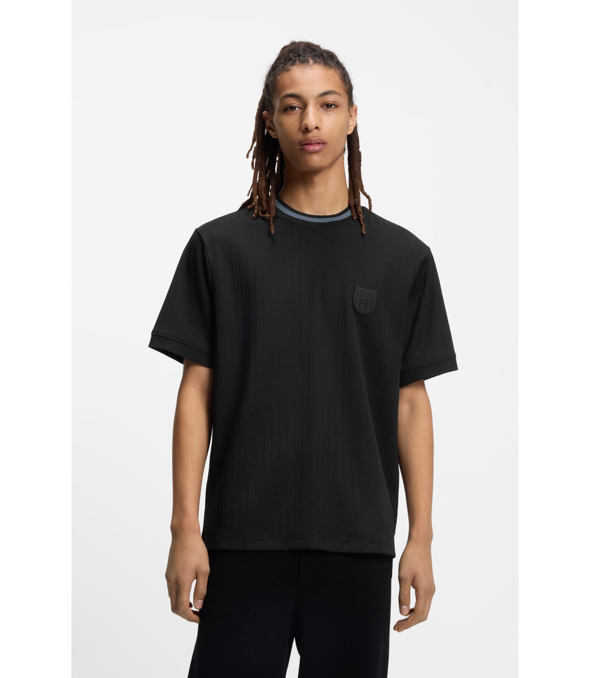 Hugo Cotton Blend T Shirt With Drop Needle Stripe Black