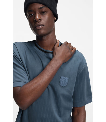 Hugo Cotton Blend T Shirt With Drop Needle Stripe Light Blue