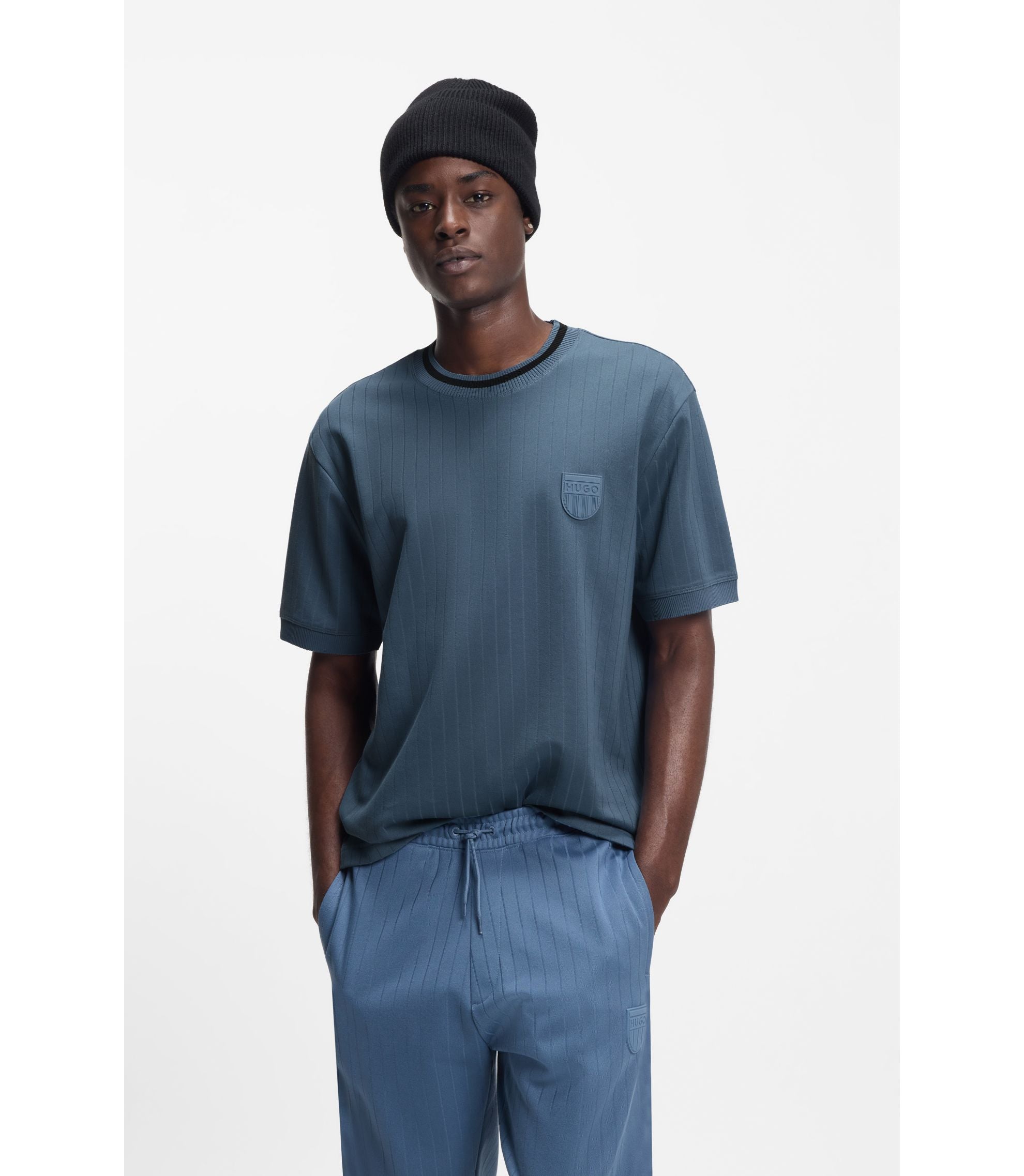 Hugo Cotton Blend T Shirt With Drop Needle Stripe Light Blue