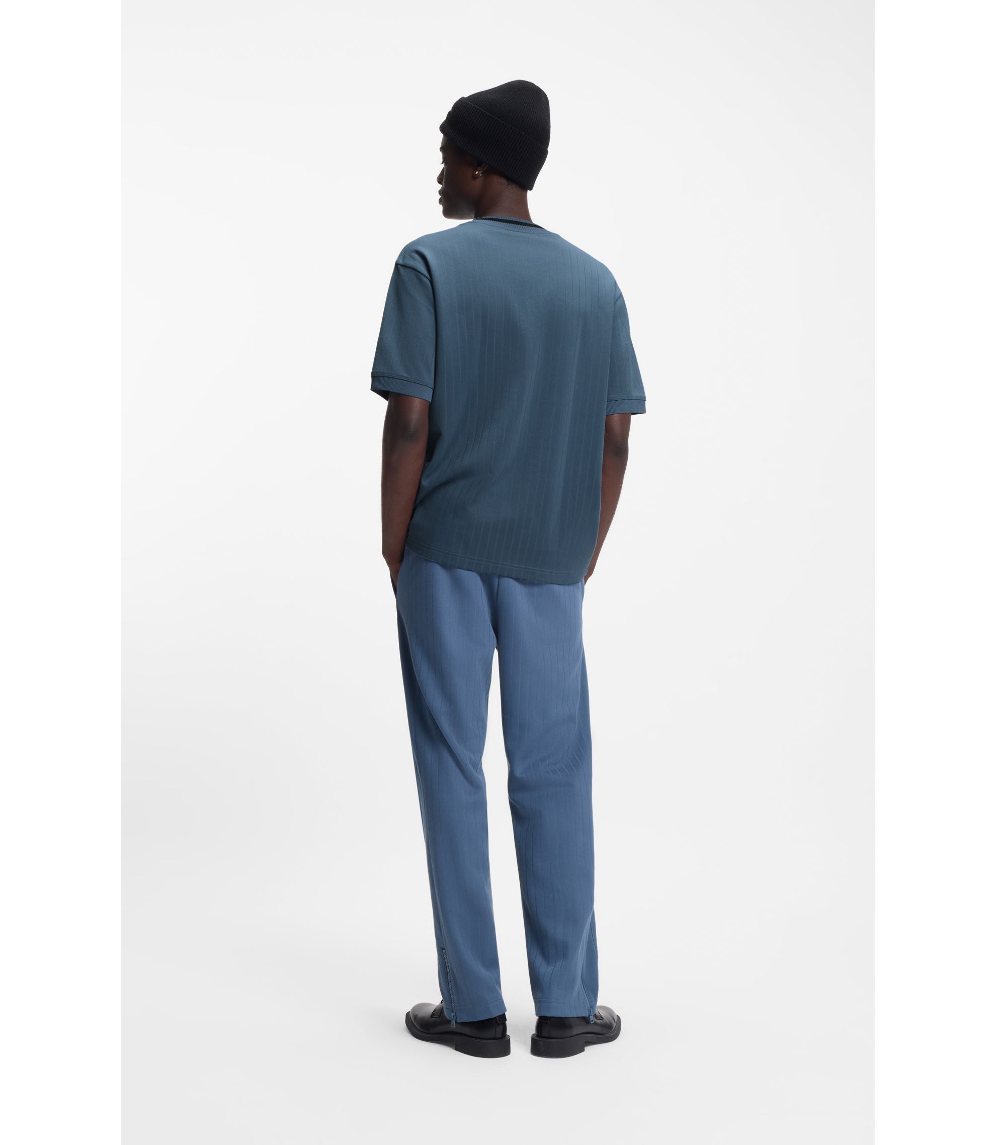Hugo Cotton Blend T Shirt With Drop Needle Stripe Light Blue