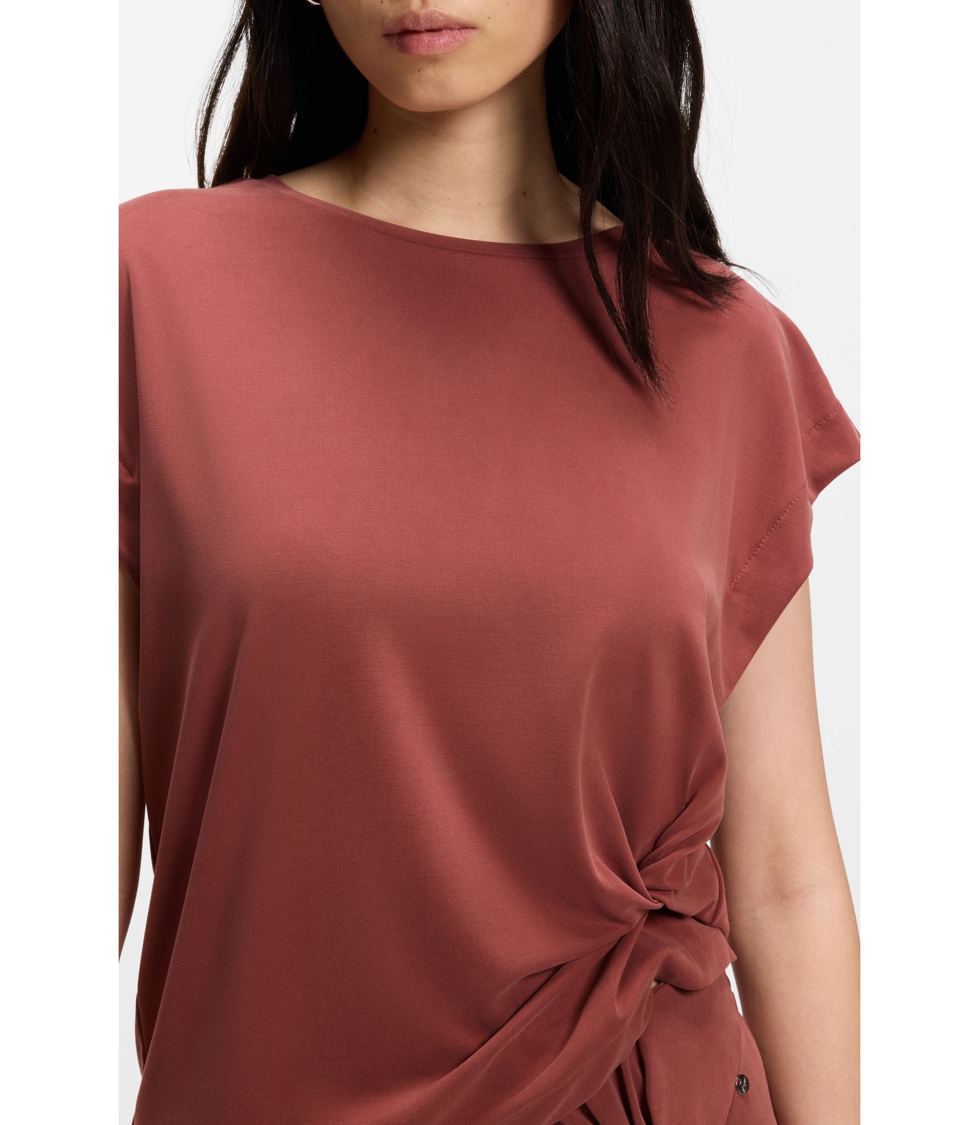 Boss Jersey T Shirt With Side Twist Detail Dark Red Women's