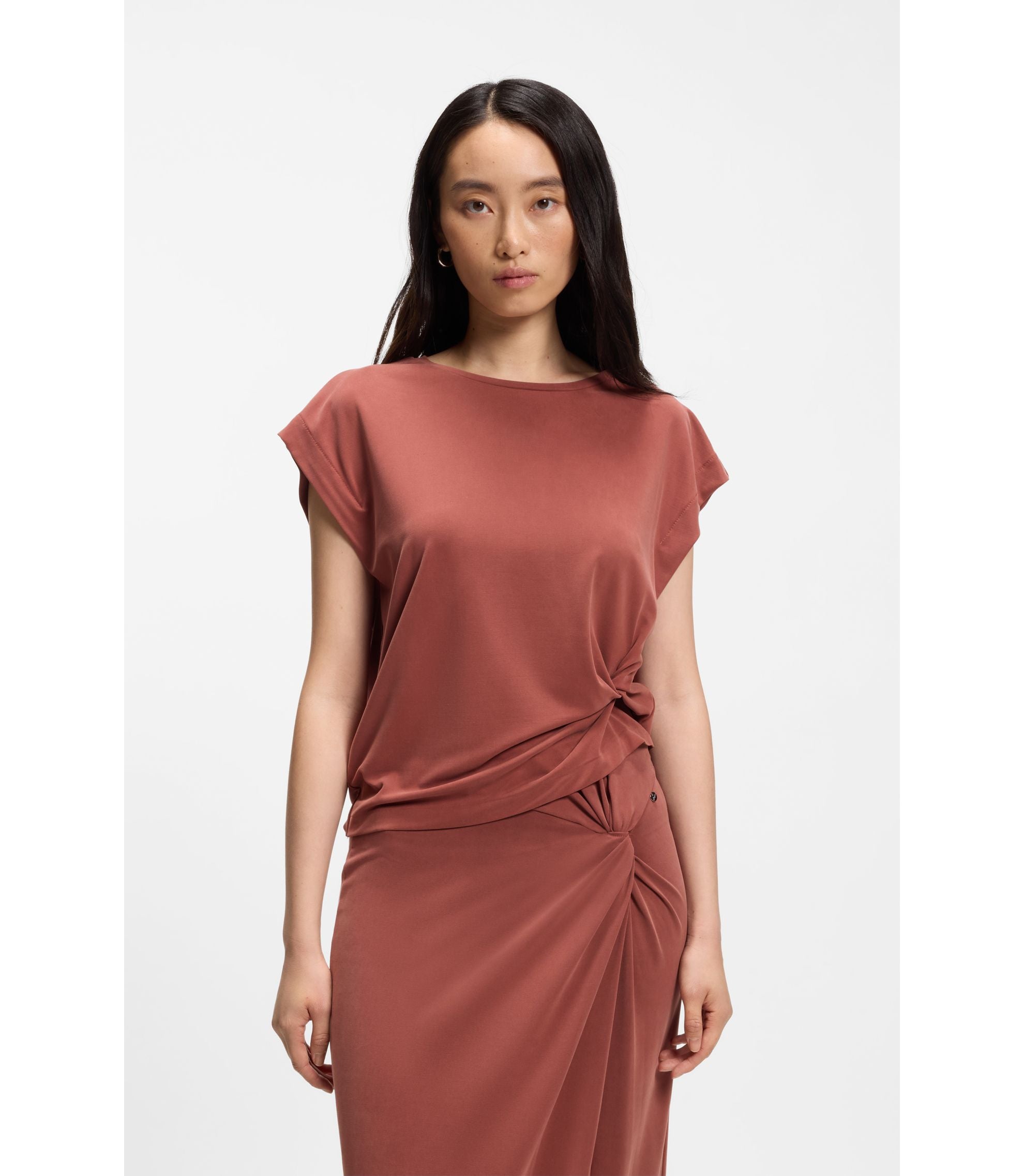 Boss Jersey T Shirt With Side Twist Detail Dark Red Women's