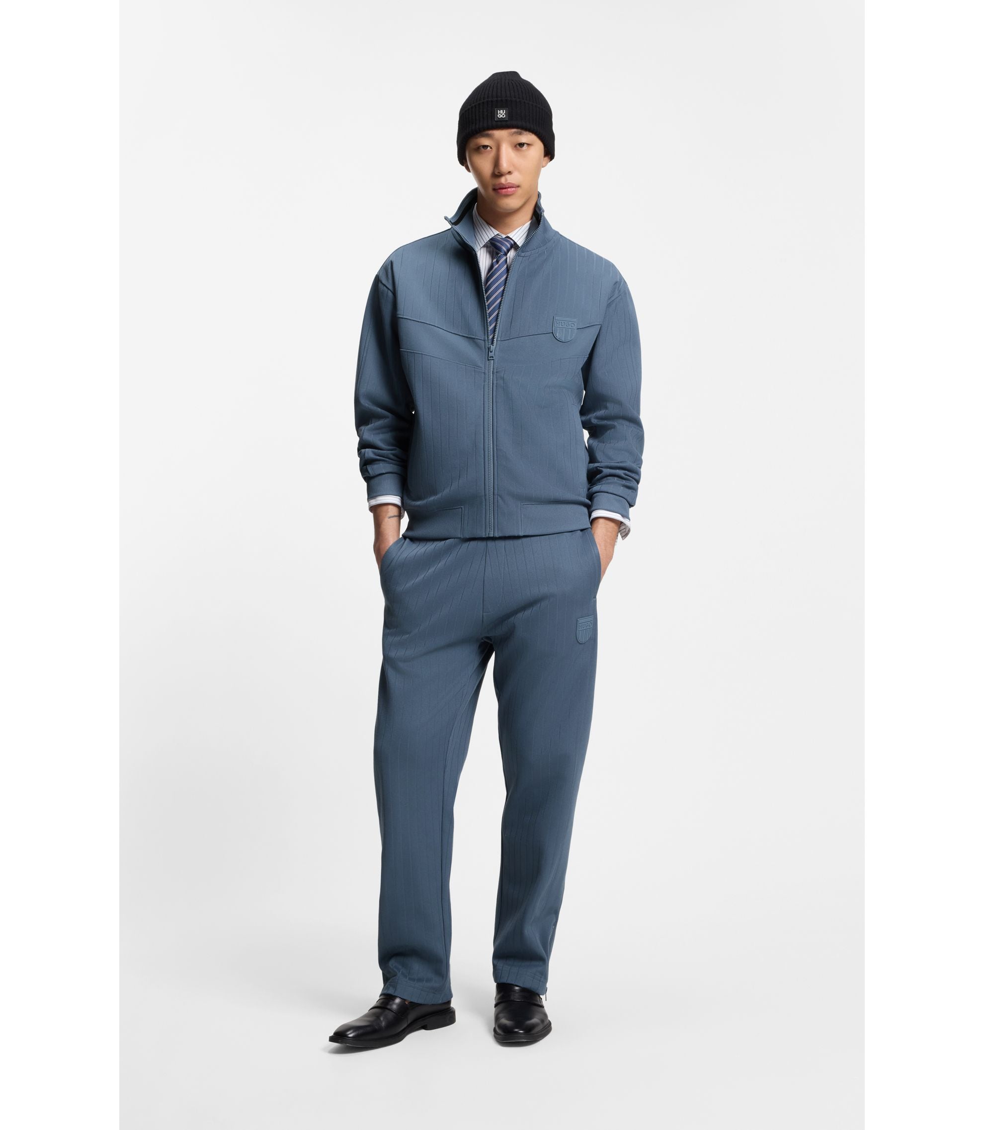 Hugo Cotton Blend Sweatshirt With Drop Needle Stripe Light Blue