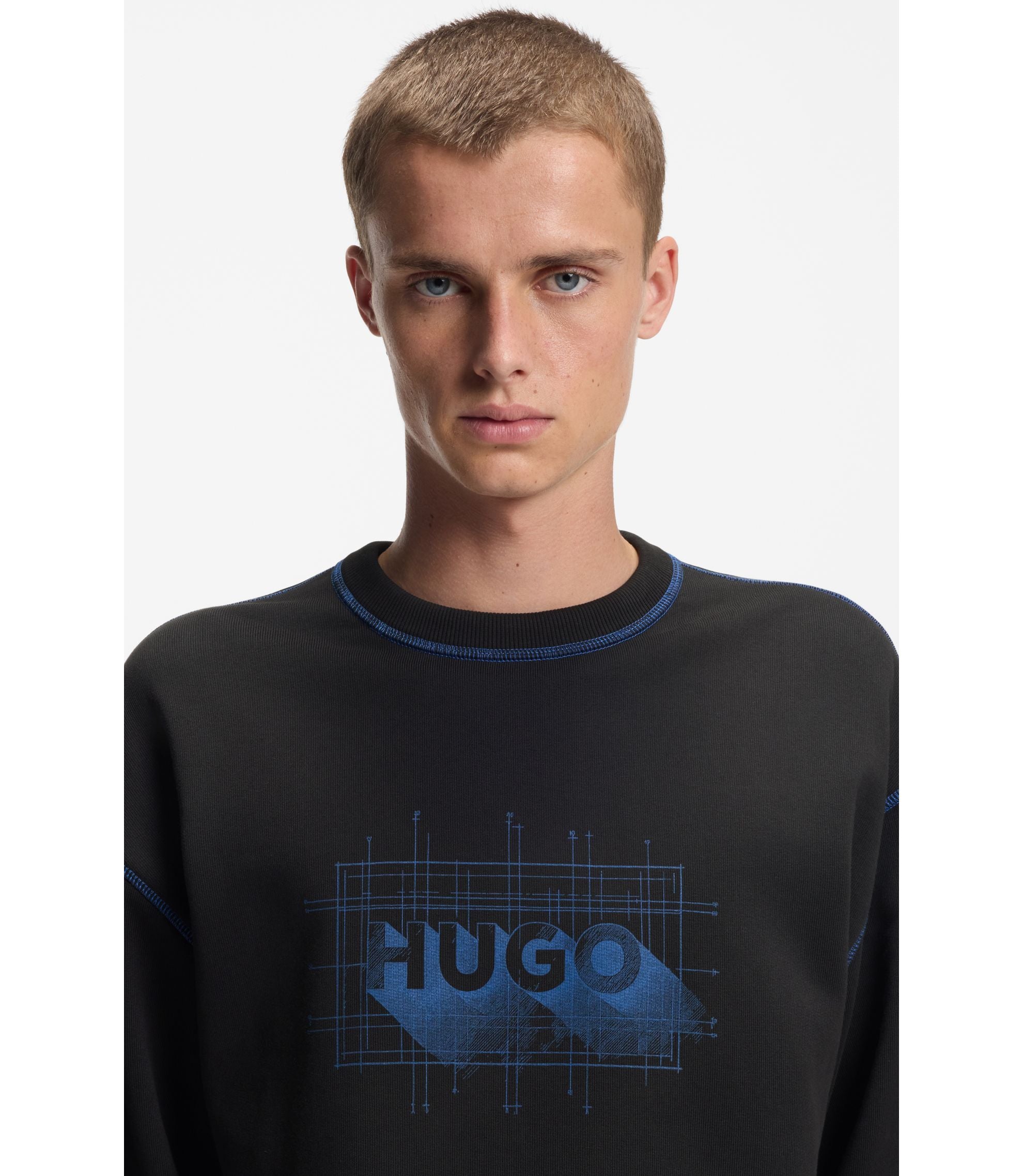 Hugo Logo Artwork Sweatshirt In Cotton Terry Black