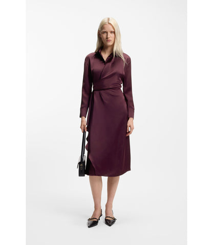 Hugo Drape Detail Midi Dress In Satin Dark Purple Women's