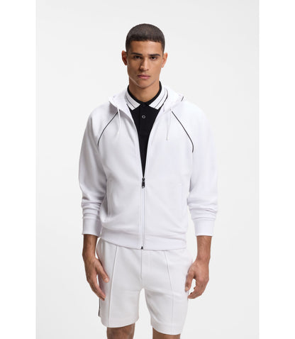 Boss Piping Detail Zip Up Hoodie In A Cotton Blend White