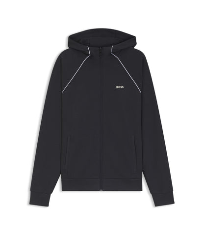 Boss Piping Detail Zip Up Hoodie In A Cotton Blend Dark Blue