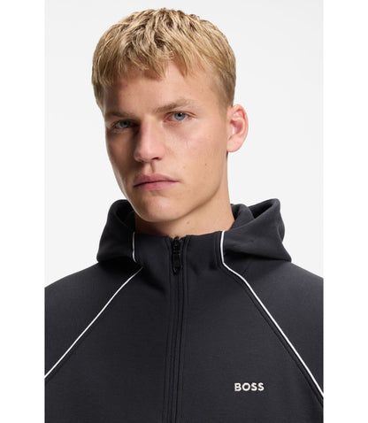 Boss Piping Detail Zip Up Hoodie In A Cotton Blend Dark Blue