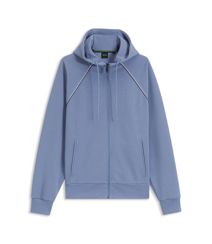 Boss Piping Detail Zip Up Hoodie In A Cotton Blend Light Blue