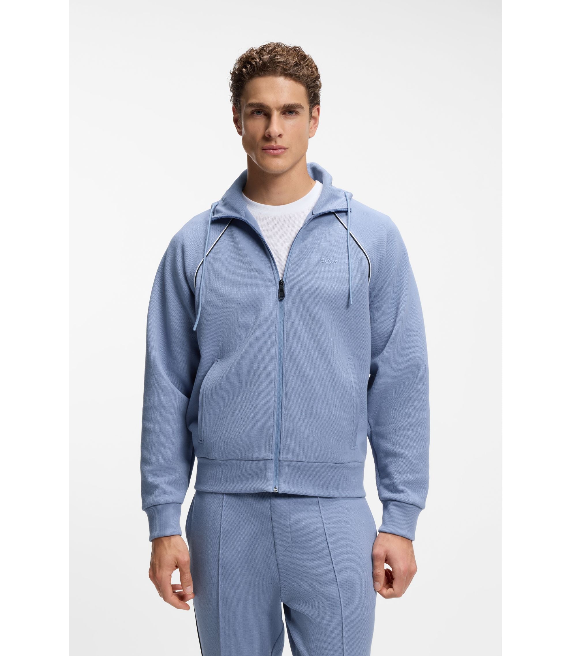 Boss Piping Detail Zip Up Hoodie In A Cotton Blend Light Blue
