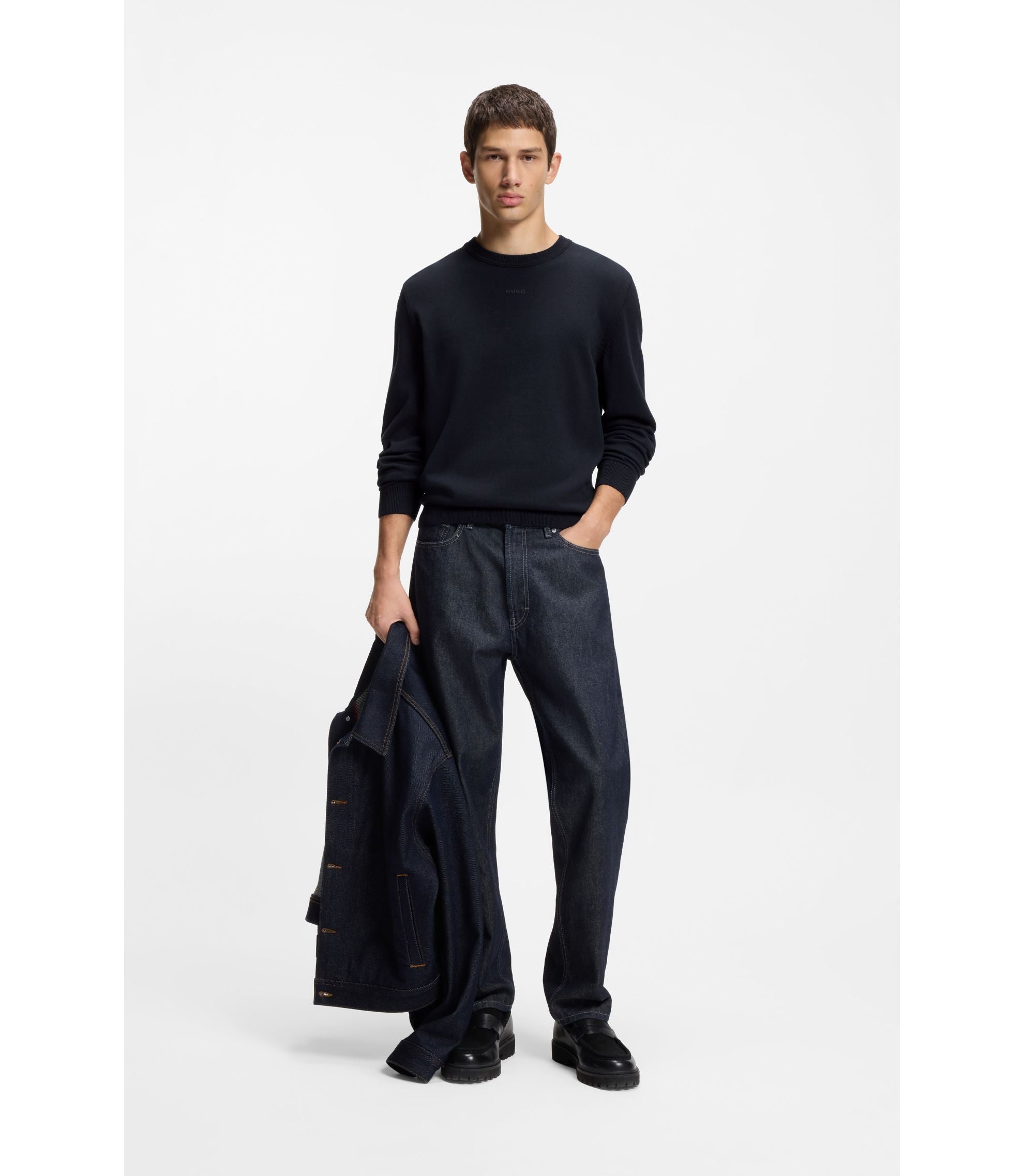 Hugo Logo Detail Sweater In Cotton Dark Blue