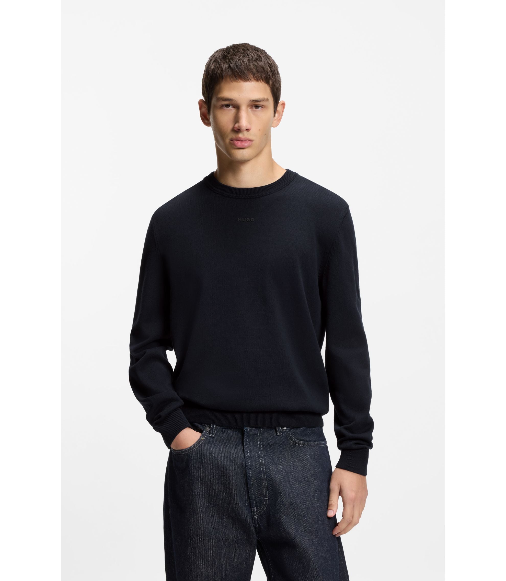 Hugo Logo Detail Sweater In Cotton Dark Blue