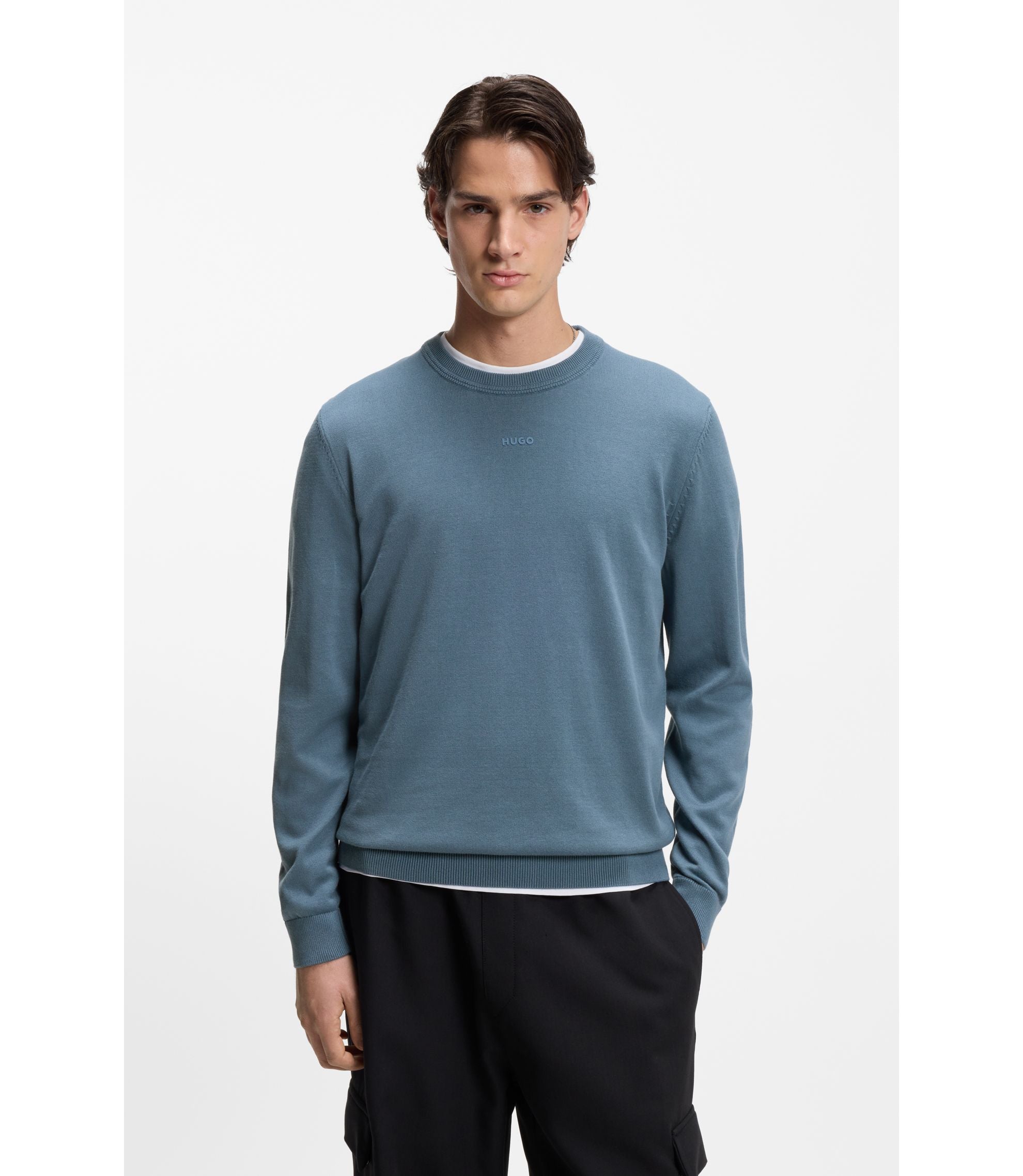 Hugo Logo Detail Sweater In Cotton Light Blue