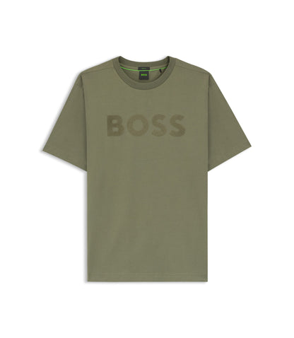 Boss Tonal Logo T Shirt In Stretch Cotton Khaki
