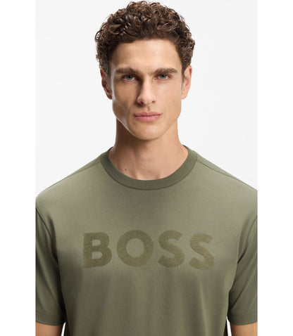Boss Tonal Logo T Shirt In Stretch Cotton Khaki